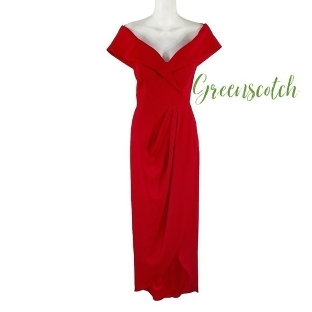 Xscape red off the shoulder Bardot midi maxi dress 6